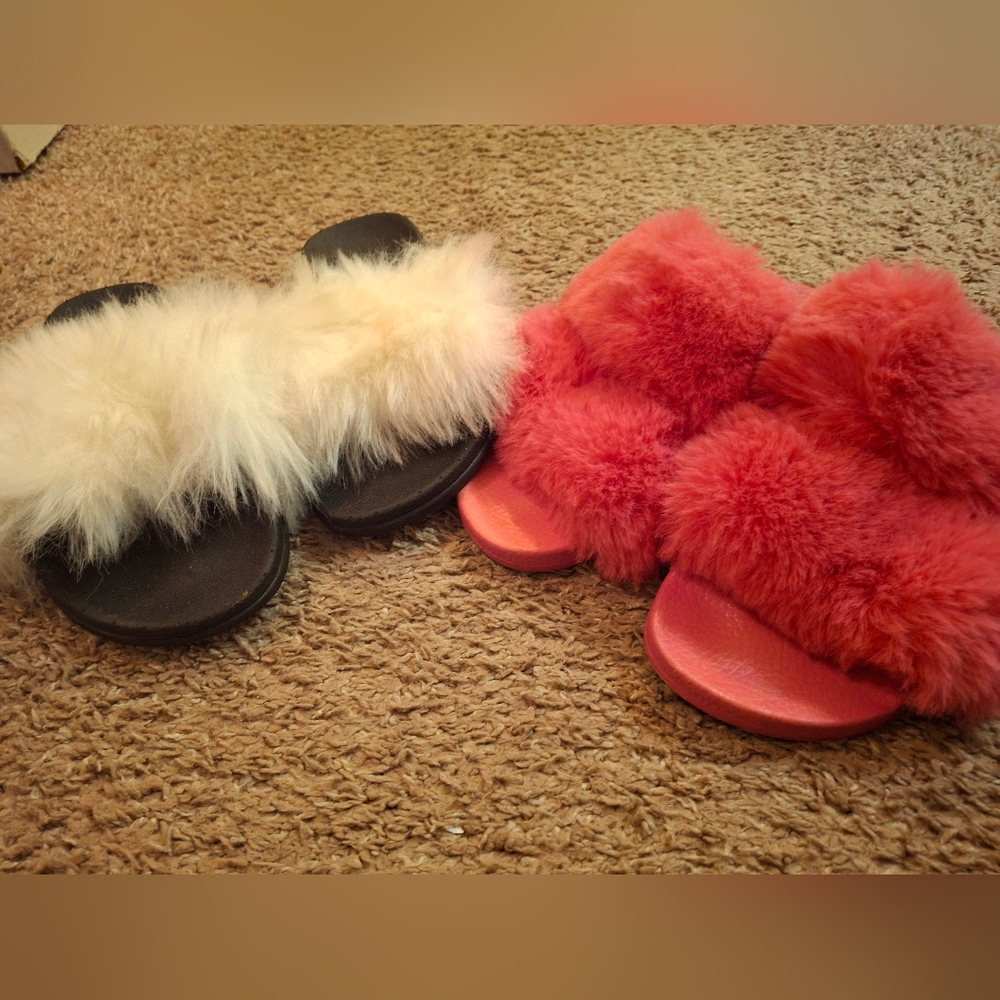 Cute Fuzzy & Furry Fuchsia Pink & Black and White Slippers/Slides size 7